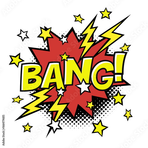 BANG! comic sound in speech bubble. Comic text. Vector bubble icon speech phrase. Comics book balloon. Halftone background.