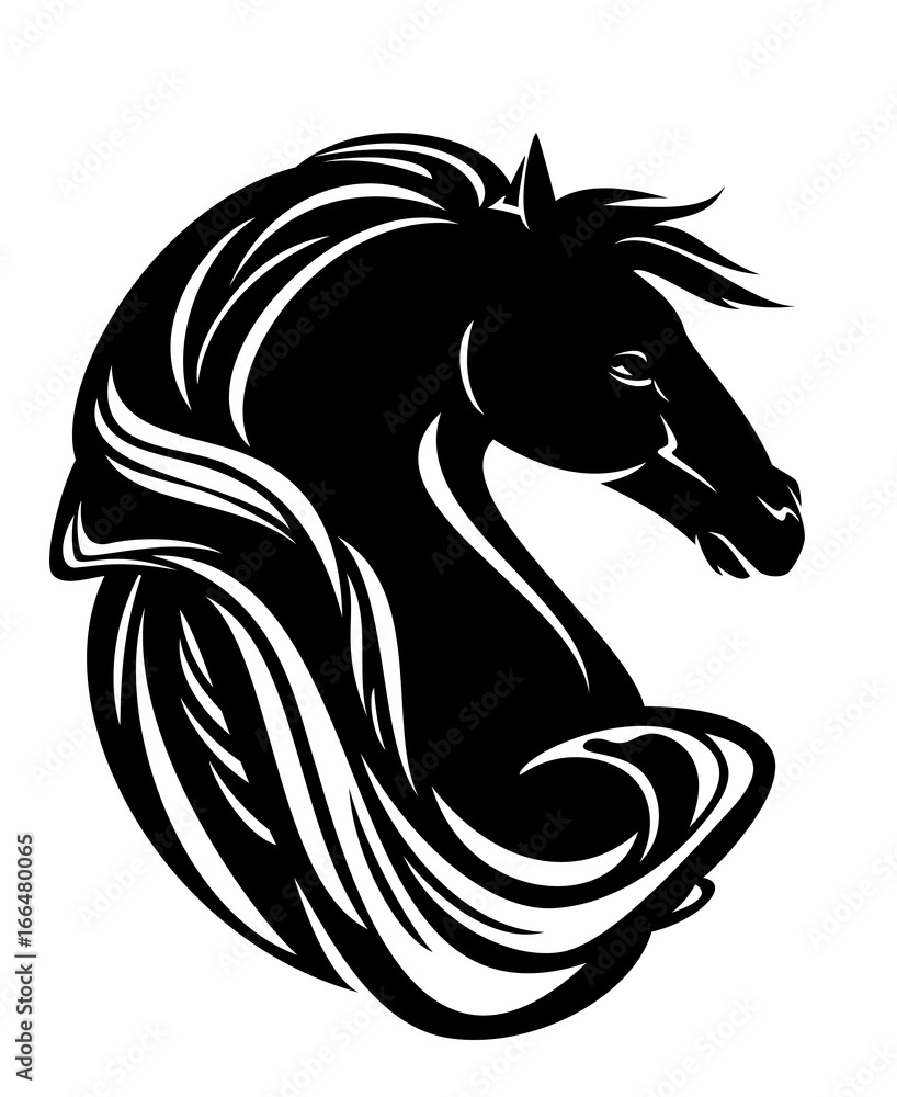 horse head with long beautiful mane black and white vector design horse head with long beautiful mane black and white vector design