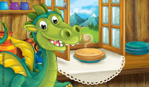 Cartoon background for fairy tale - interior of old fashioned house with dragon inside looking at some pie - kitchen - illustration for children