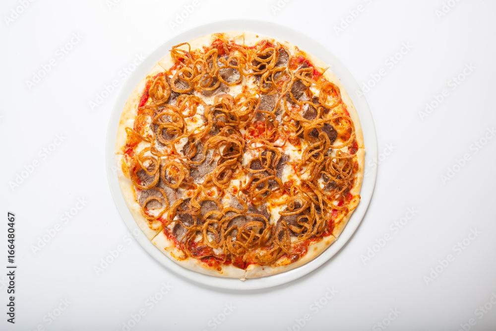 pizza with beef and fried onion. White background pizza with beef and fried onion. White background