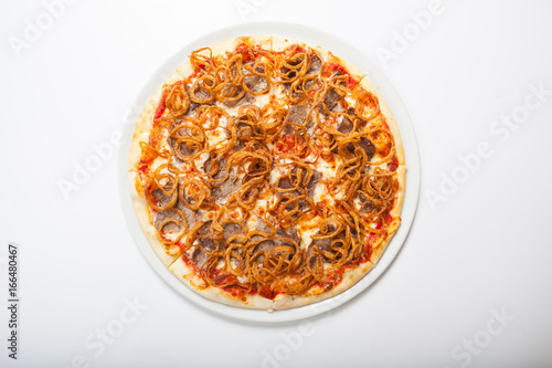 pizza with beef and fried onion. White background