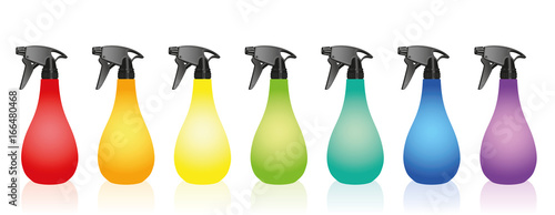 Spray bottles - colorful variations with blank labels. Isolated vector illustration over white background.