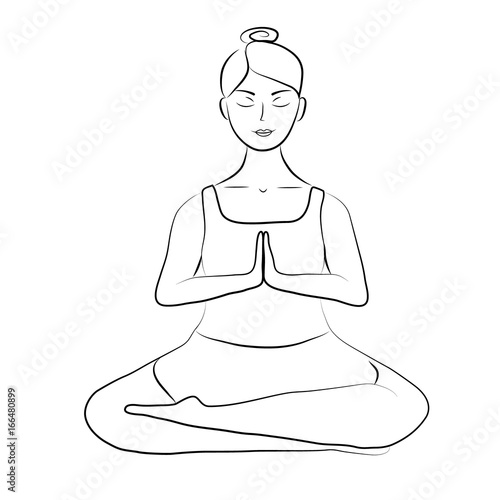 Plus size young women in lotos asana. Line yoga illustration. Namaste. Body love lifestyle healthcare illustration.