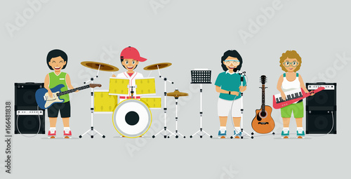 A schoolboy band with singers and musical instruments has a gray background.