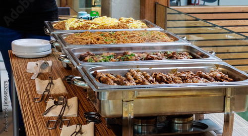 Catering Buffet Food Dish Asian Oriental With Meat And Colorful Vegetables 