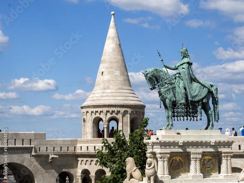 Obraz na plátně King Stephan's Monument in front of Fisherman's Bastion, Budapest, Hungary
