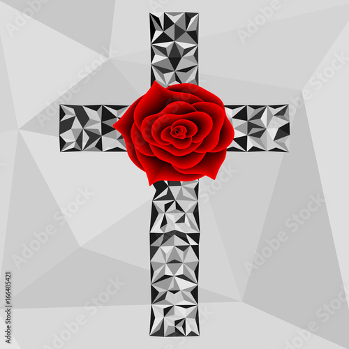 Flower red rose and low poly cross . Freemason and spiritual symbols. Alchemy, medieval religion, occultism, spirituality and esoteric.     Vector  design.  Geometric triangular modern illustration. photo