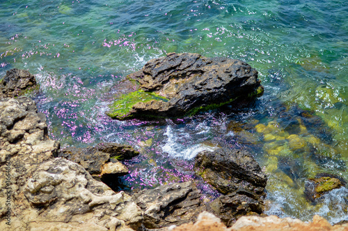 Steep  sharp  stone beaches on the Black Sea coast  in the vicinity of the city of Sevastopol of the Republic of Crimea  2017