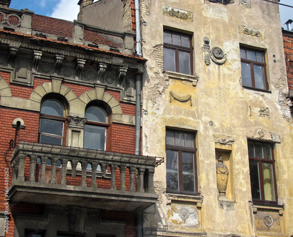 Facade of old houses, historical center Vilnius.