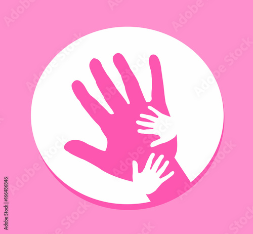 Hand together, Hand of Adult and Kid on pink