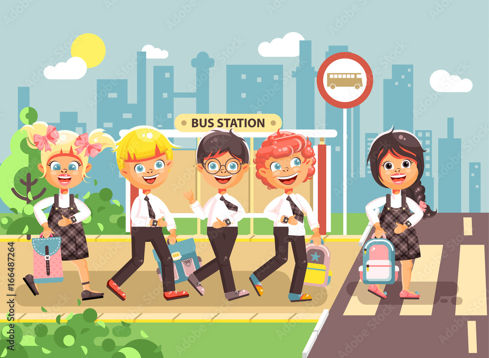 Vector illustration cartoon characters children, observance traffic rules, boys and girl schoolchildren classmates go to road pedestrian crossing, bus stop background, back to school flat style