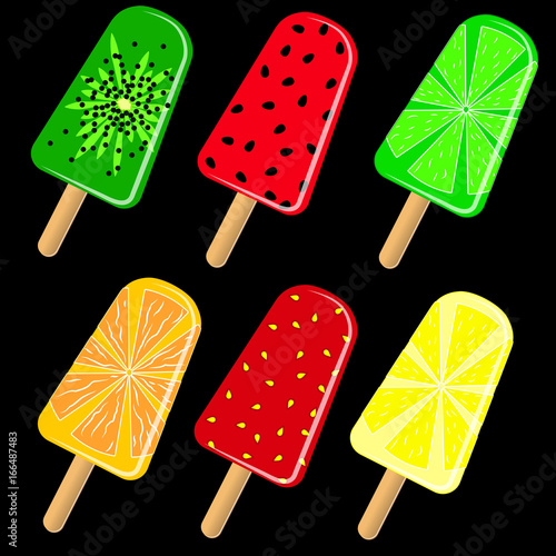 Eis am Stiel, sechs Sorten, Kiwi, Wassermelone, Limette, Orange, Erdbeere, Zitrone, verschiedene Geschmäcke