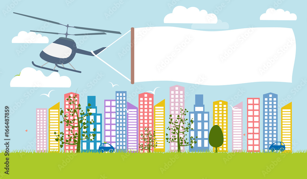 Advertising banner carries a helicopter against the backdrop of the city mockup