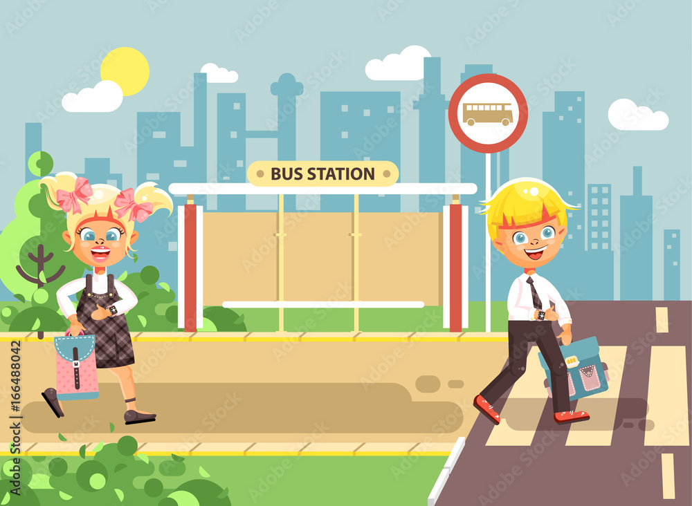 vector illustration of a schoolchildren crossing the road with the