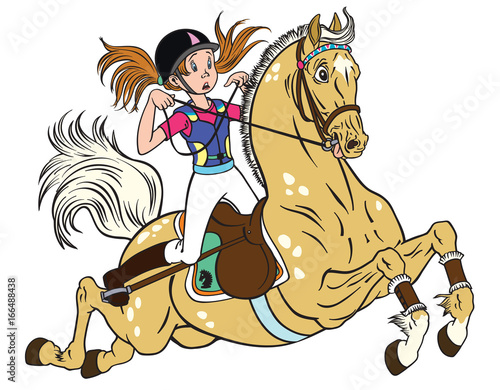 cartoon little girl riding a pony horse