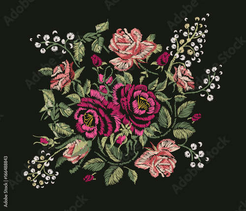 Vector embroidery design. Red pink Roses and Peony. Floral pattern on black background. EPS