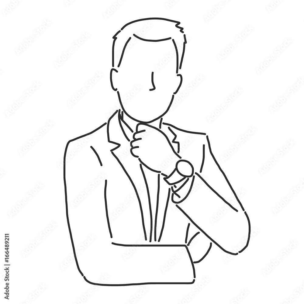 Businessman is standing and thinking about work, line drawing vector illustration graphic design