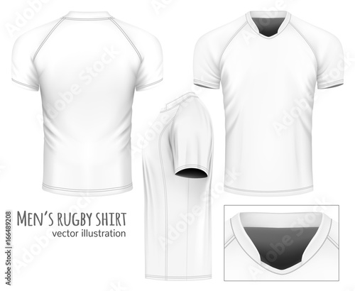 Rugby jersey (white variant, front, side and rear views). Vector