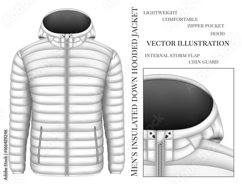 Men's hooded insulated down jacket with zip pockets. Vector