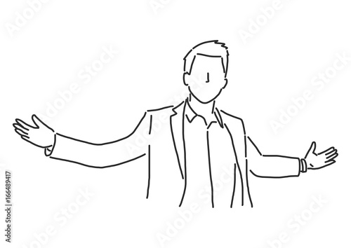 Businessman is welcoming with his arms, line drawing vector illustration graphic design