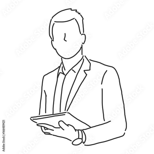 Businessman is standing with a tablet and thinking about his work  line drawing vector illustration graphic design