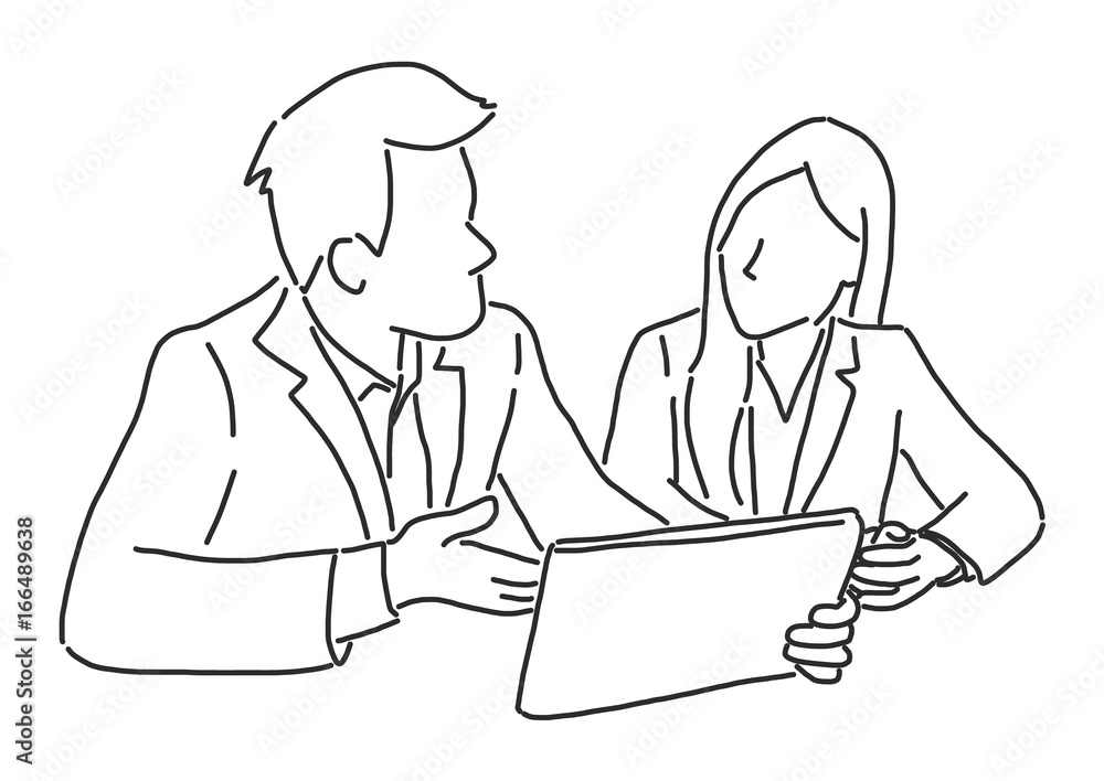 Two businessmen are sitting and discussing about work on a tablet, line drawing vector illustration graphic design