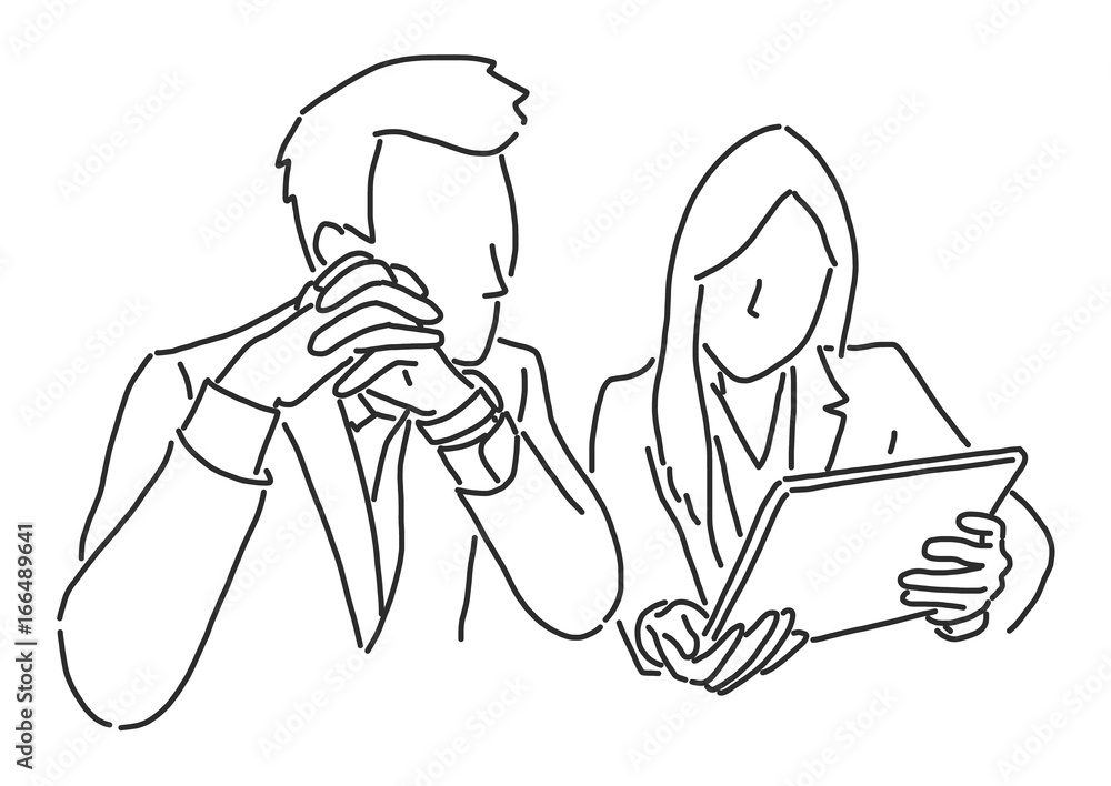 Two businessmen are sitting and discussing about work on a tablet, line drawing vector illustration graphic design Two businessmen are sitting and discussing about work on a tablet, line drawing vector illustration graphic design