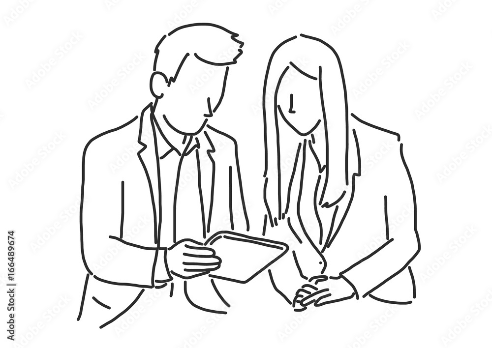 Two businessmen are sitting and discussing about work on a tablet, line drawing vector illustration graphic design Two businessmen are sitting and discussing about work on a tablet, line drawing vector illustration graphic design