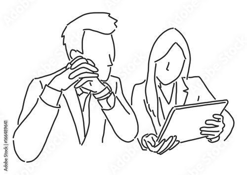 Two businessmen are sitting and discussing about work on a tablet, line drawing vector illustration graphic design