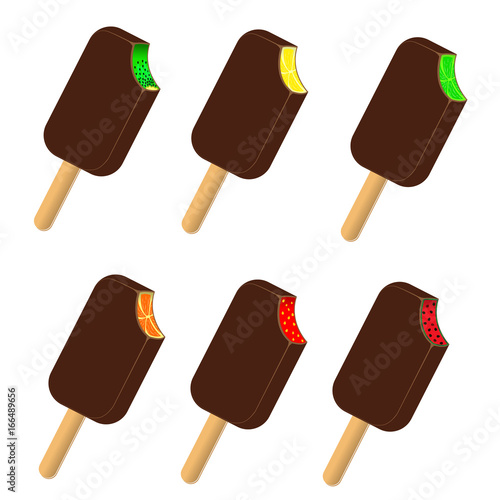 Eis am Stiel, mit Schokolade überzogen, sechs Sorten, Kiwi, Wassermelone, Zitrone, Limette, erdbeere, Orange