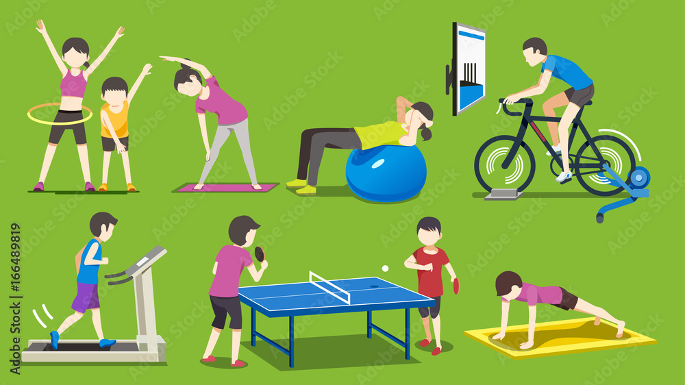 General home exercise element. Sport people character cartoon vector. Good family relationship. Easy modern activity. General home exercise element. Sport people character cartoon vector. Good family relationship. Easy modern activity.
