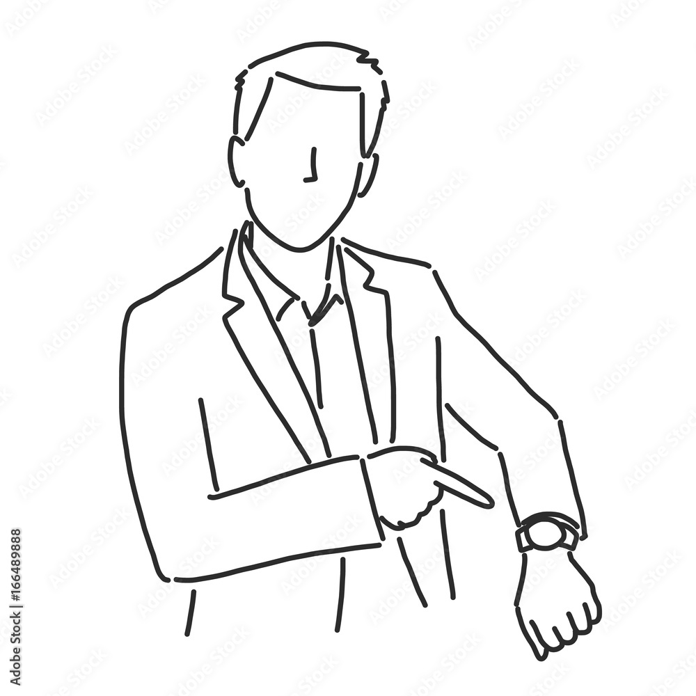 Businessman is upset because someone late and pointing to his watch, line drawing vector illustration graphic design