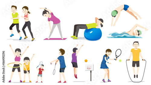 General exercise. People exercise character cartoon vector. Good family relationship.
