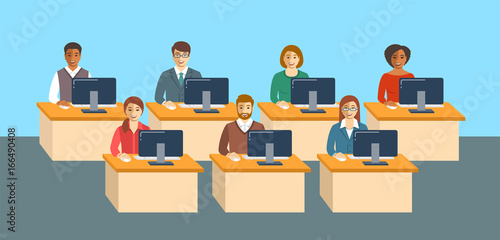 Business people sitting at tables in an office. Men and women in business suits working together. Business team concept. Flat vector background. Horizontal banner. International company coworkers