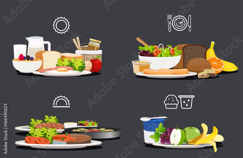 Sample food at each meal. Foods with health benefits. Advise of a balanced diet. Each type of food that the body should be in a day.