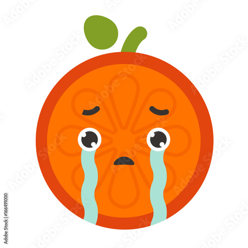 Tears crying emoji. Crying orange fruit emoji with tears. Vector flat design emoticon icon isolated on white background.