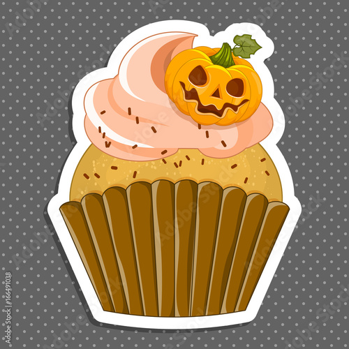 Vector illustration of a Halloween purple cupcake sticker. Happy Halloween scary sweets. Sweet pumpkin. photo