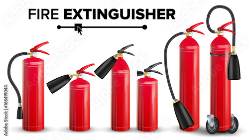 Fire Extinguisher Set Vector. Different Types. Metal Glossiness 3D Realistic Red Fire Extinguisher Isolated Illustration