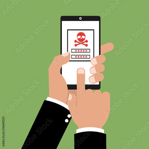 Human hand login to dangerous phishing website authentication with phone security key code password. Vector illustration cyber security concept.
