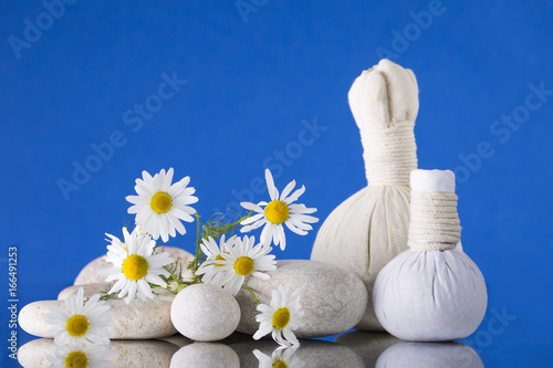 Spa. A bouquet of chamomile lies on the stones. Two herbal balls . Background blue.