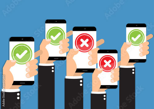 Businessman hand hold with mobile phone with feedback right and wrong online survey and checklist. Cartoon flat vector illustration business online network concept.