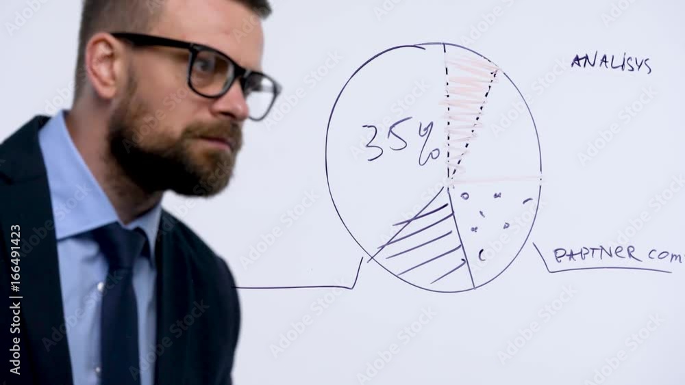 Man draws various growth charts, calculating prospects for success in a modern glass office Man draws various growth charts, calculating prospects for success in a modern glass office