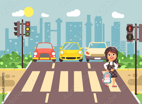 Vector illustration cartoon character child, observance traffic rules, lonely brunette girl schoolchild schoolgirl go to road pedestrian zone crossing, city background back to school flat style
