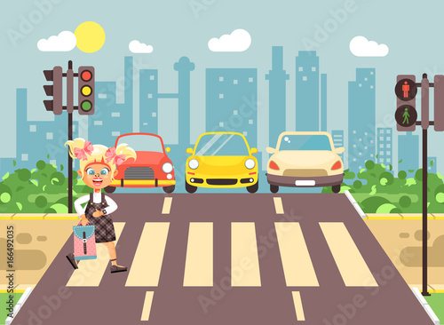 Vector illustration cartoon character child, observance traffic rules, lonely blonde girl schoolchild schoolgirl go to road pedestrian zone crossing, city background back to school flat style