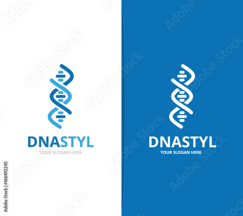 Vector of dna and chromosome logo combination. Gene and helix symbol or icon. Unique spiral and molecular logotype design template.