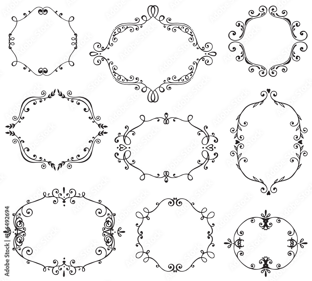 Obraz premium Set of hand drawn frames with vignette, branches leaves, berries.