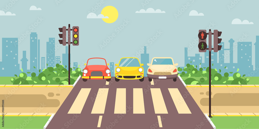 Vector illustration of roadside cartoon landscape with roadway, road,  sidewalk and empty pedestrian zone with cars crossing flat style city  background element for motion design, banner, web site Stock Vector | Adobe