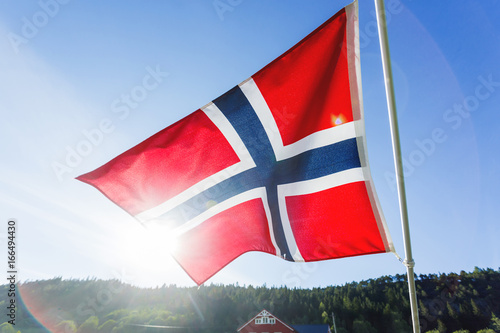 Flag of Norway waving in the wind against summer forest landscape in sunny day.