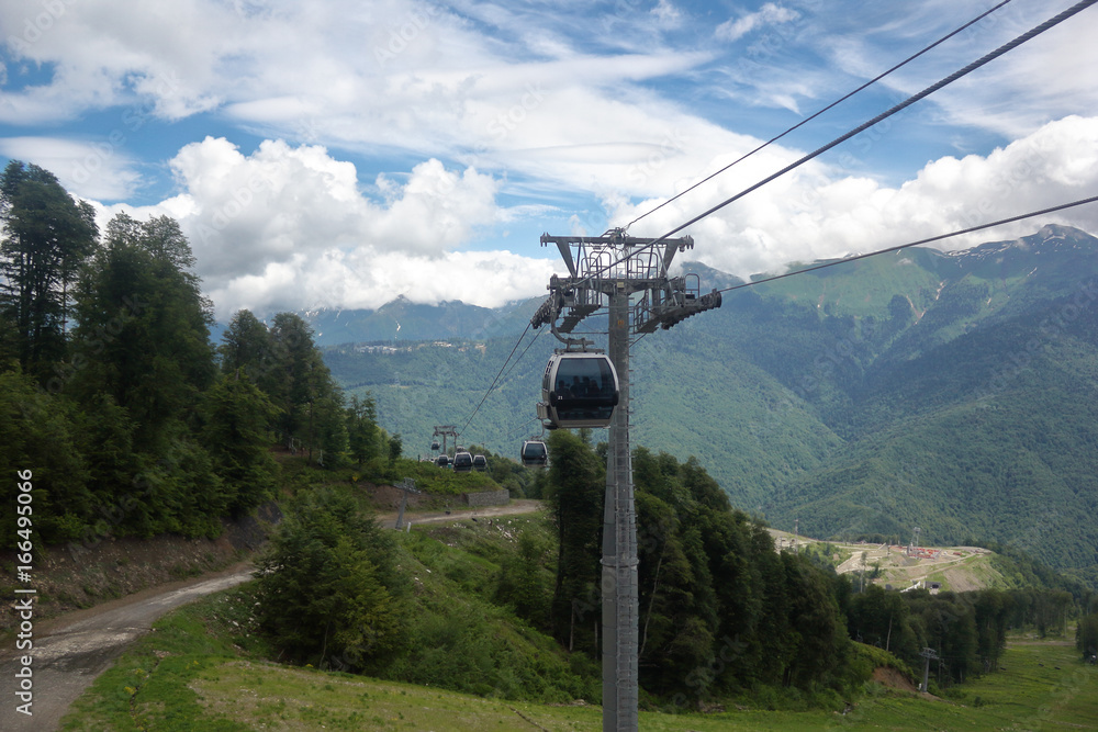 Gondola type cable way in the mountains