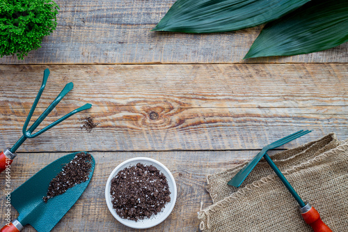 Planting flowers. Gardening tools and pots with soil on wooden background top view copyspace